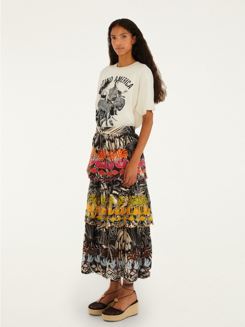 Tiered Embroidered Floral Midi Skirt - Black with Pink, Orange & Yellow Accents